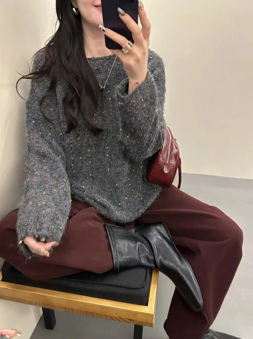 秋冬女针织圆领厚款常规纯色毛针织衫设计感秋冬衬衫复古