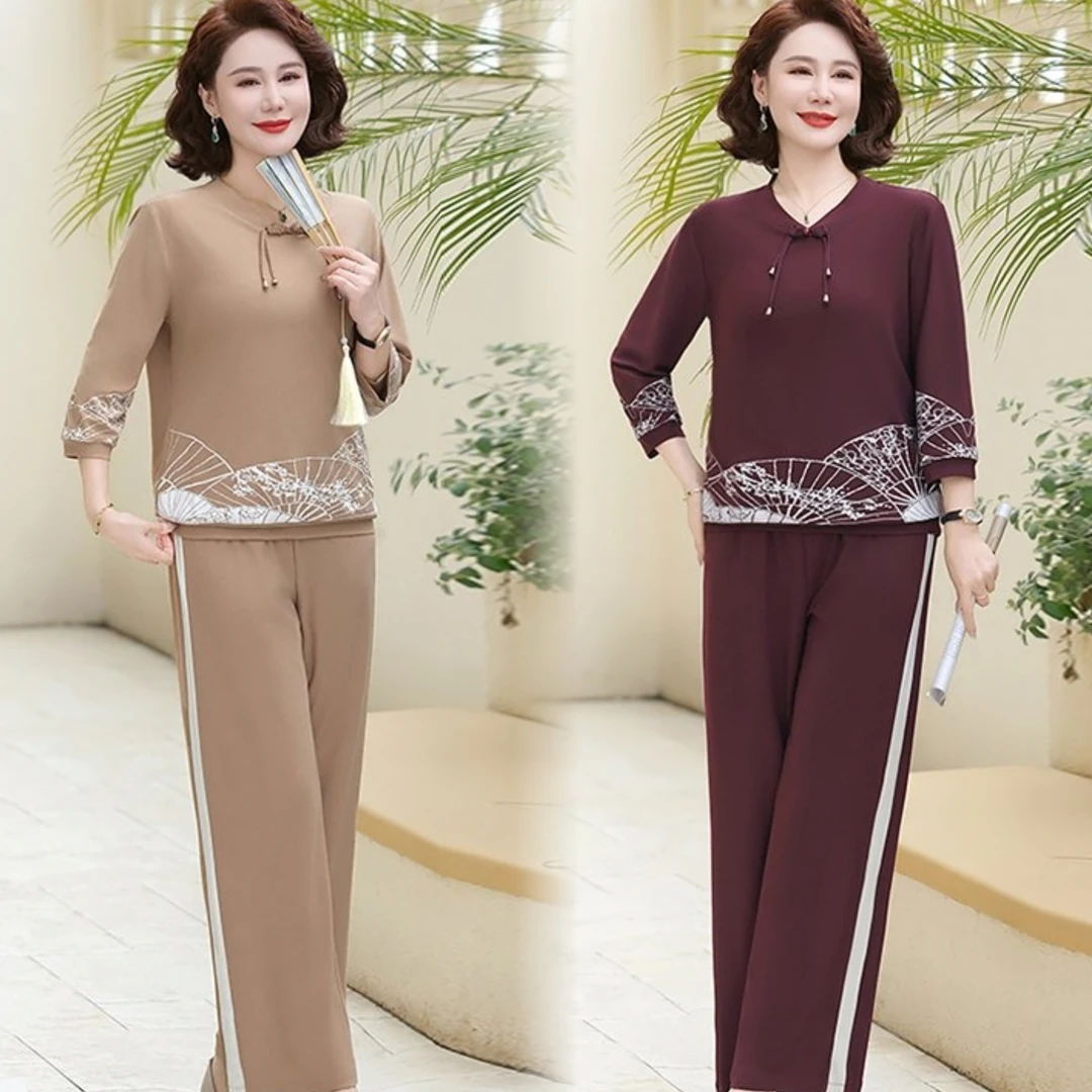 妈妈时尚七分袖休闲针织运动套装中老年洋气2025新款春秋季两件套