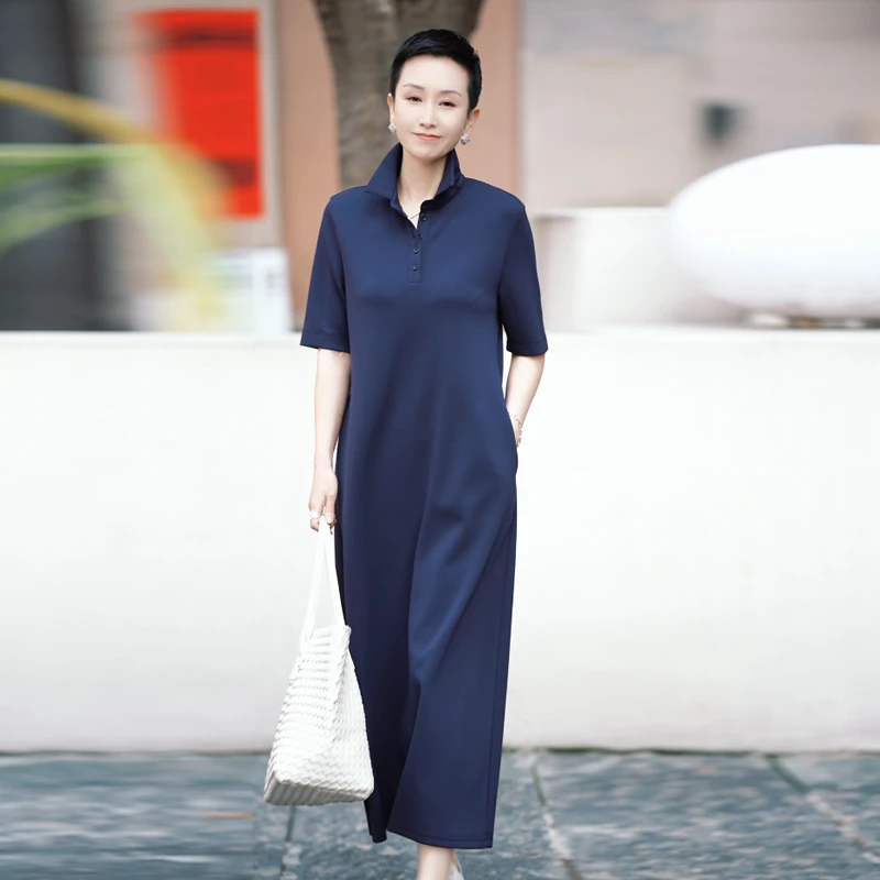 溏朵记2025夏季薄款清凉透气polo领中长款短袖显瘦连衣裙10223