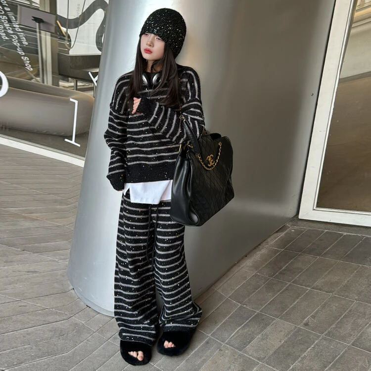 套装韩版秋季纯色女童中大童秋冬宽松条纹阔腿休闲时尚显瘦洋气