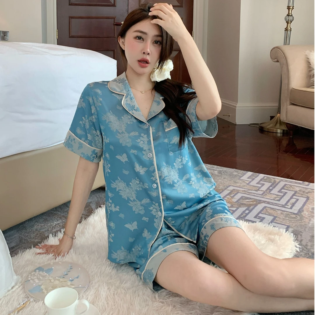 睡衣女款夏季薄款七分袖短裤家居服2025新款轻奢三件套可外穿