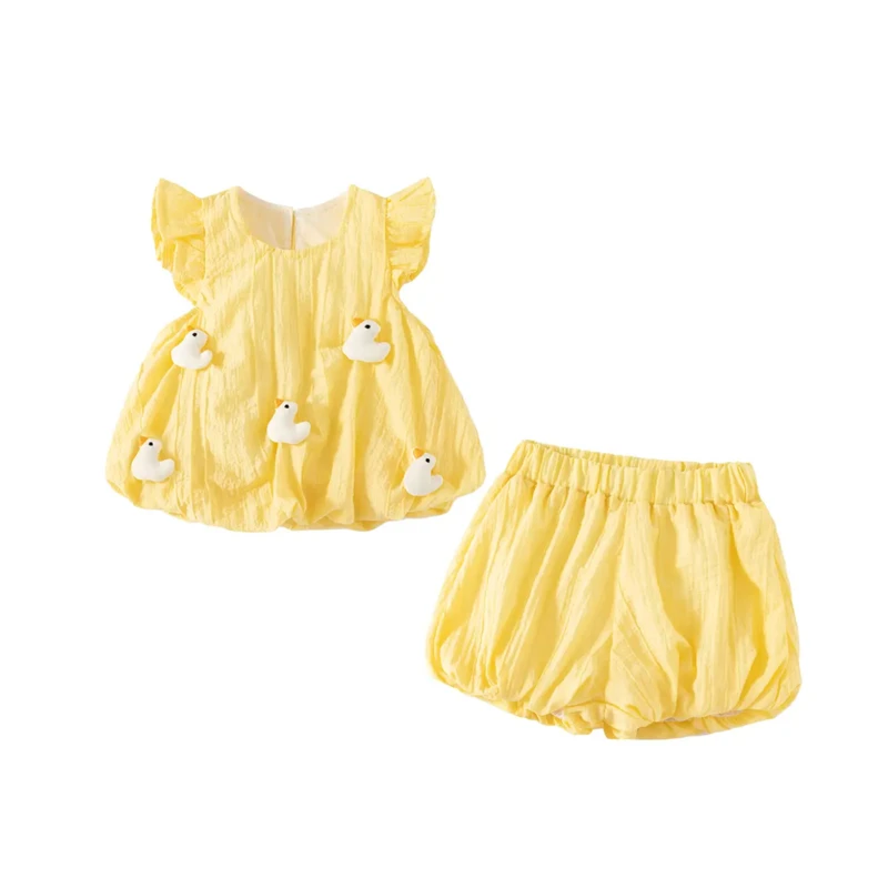 夏季时尚儿童洋气套装女童立体小鸭子飞袖儿童套装