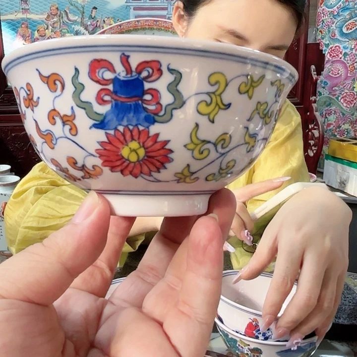 摆件景德镇高温陶瓷5寸红希希碗看画片