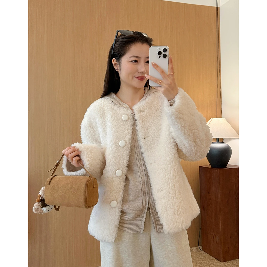 大叮自制【初雪限定】100%羊毛圆领单排pu皮扣复合麂皮外套！S6627