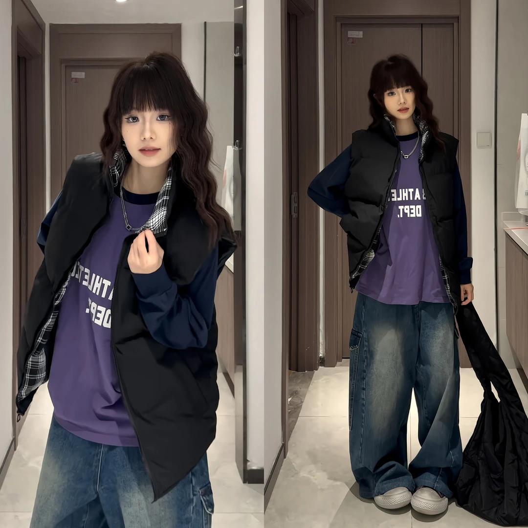 美式格子拼接羽加棉马甲男秋冬加厚短款棉服坎肩背心立领工装外套