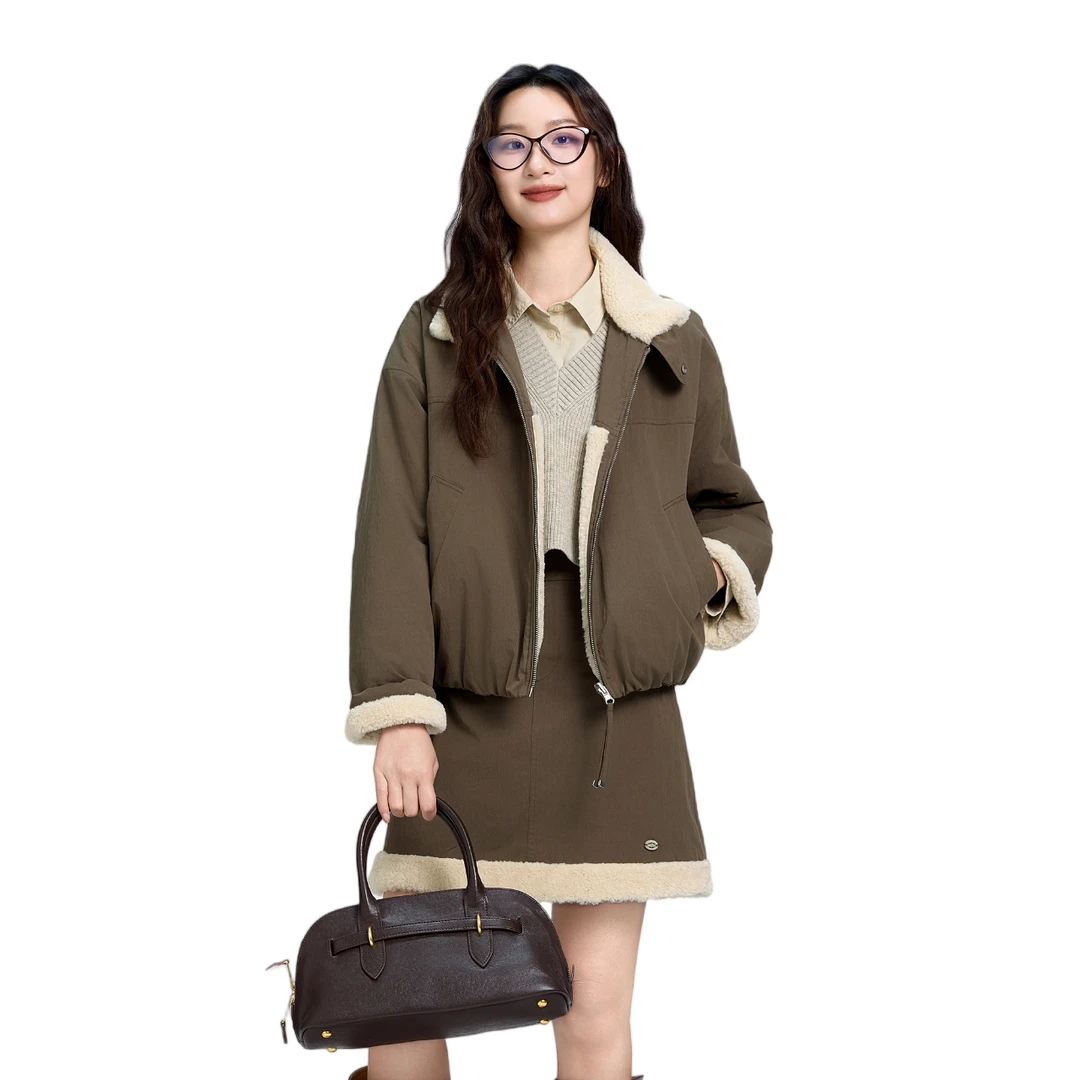 【嘉鹅专属】美式工装风拼毛翻领短款派克服外套866071