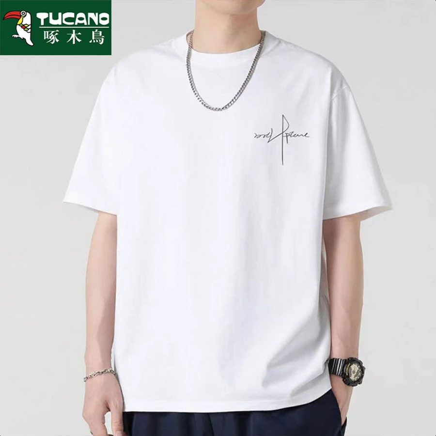 啄木鸟夏季常规春夏短袖T恤印花百搭时尚潮流打底衫男装圆领上衣