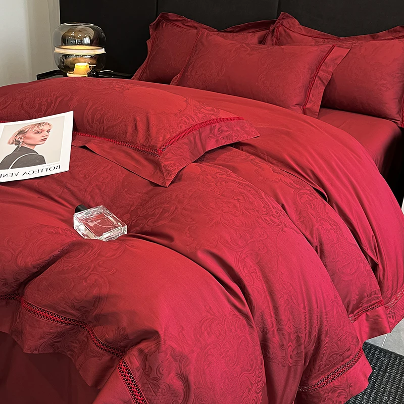 2025新款高档100支结婚四件套纯棉全棉大红色被套喜被婚床上用品4