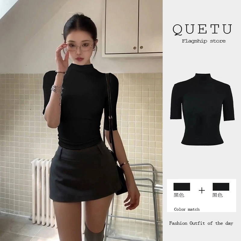 御姐风纯色半高领T恤女秋季紧身辣妹打底衫修身显瘦五分半袖上衣