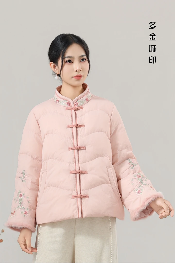 多金冬季新式女士羽绒中国风短款女立领女绣花刺绣复古保暖民族风