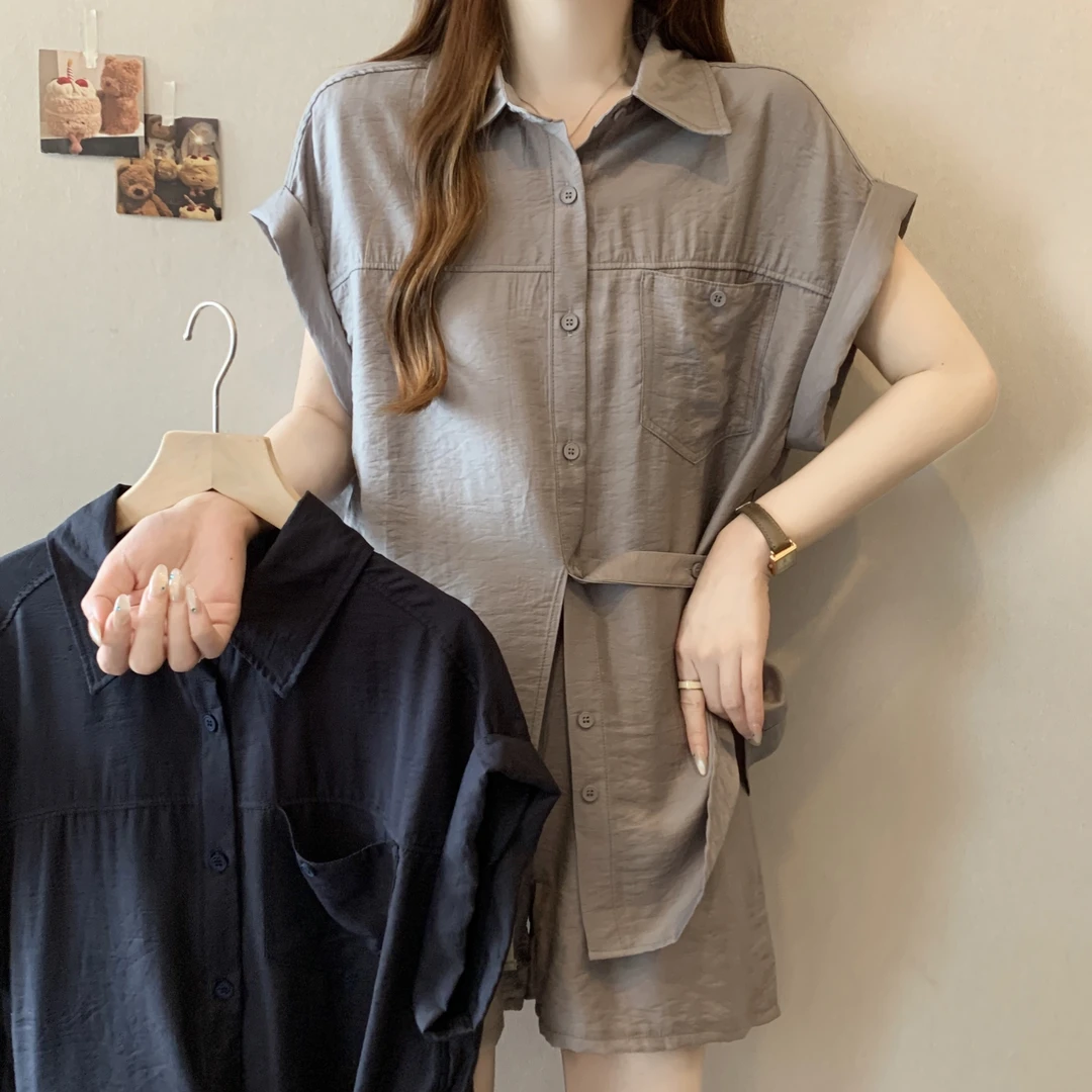 大码女装夏季搭配一整套微胖mm显瘦休闲时尚山本风衬衫短裤两件套