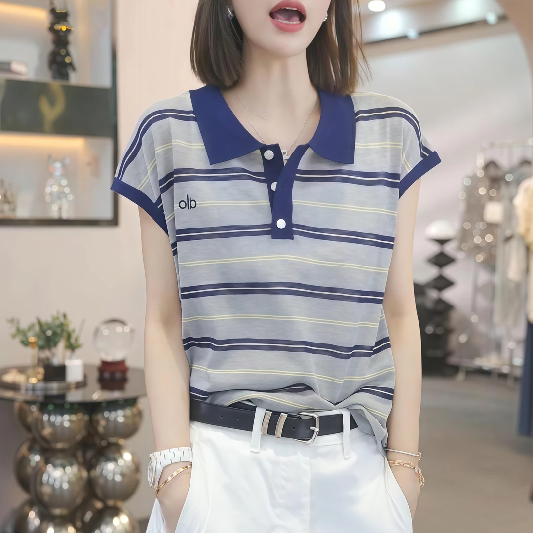 条纹撞色短袖针织衫T恤女2025夏季新款时尚翻领百搭韩版上衣小衫