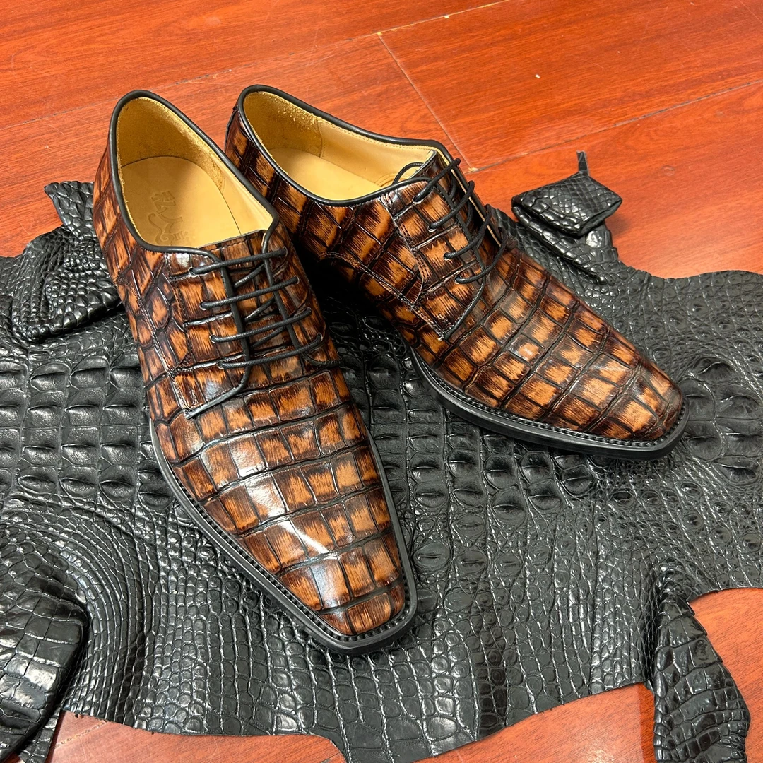 【断码】鳄鱼皮鞋子男士商务正装系带真皮鞋百搭透气纯手工擦色