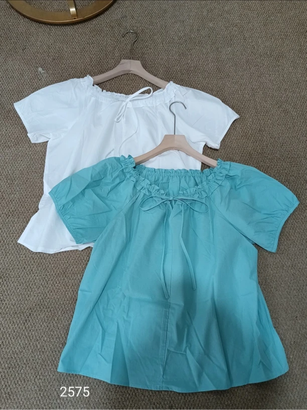 【红姐大码】2575韩系甜美温柔蝴蝶结褶皱设计纯色小衫夏季宽松短袖