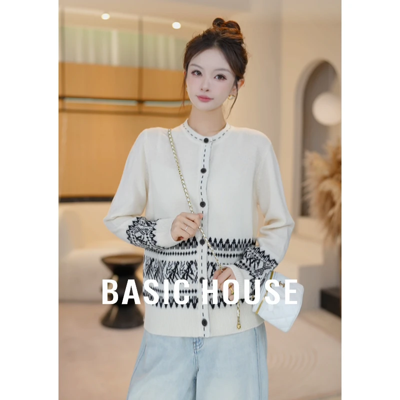Basic House/百家好复古撞色提花羊毛衫女秋新款上衣B1195B50B12