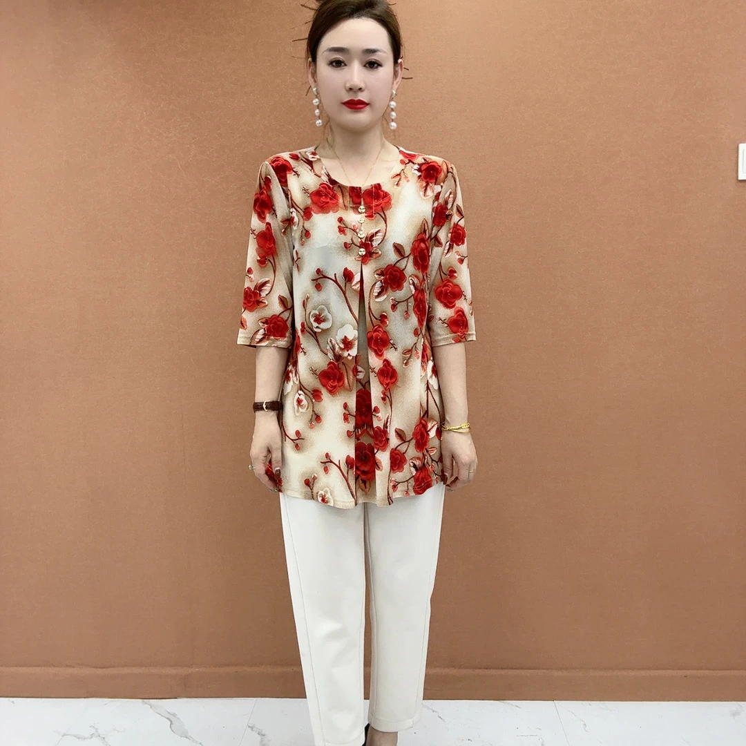 立体花2025夏季款圆领印花五分袖中长款宽松遮肚子t恤女大码小衫