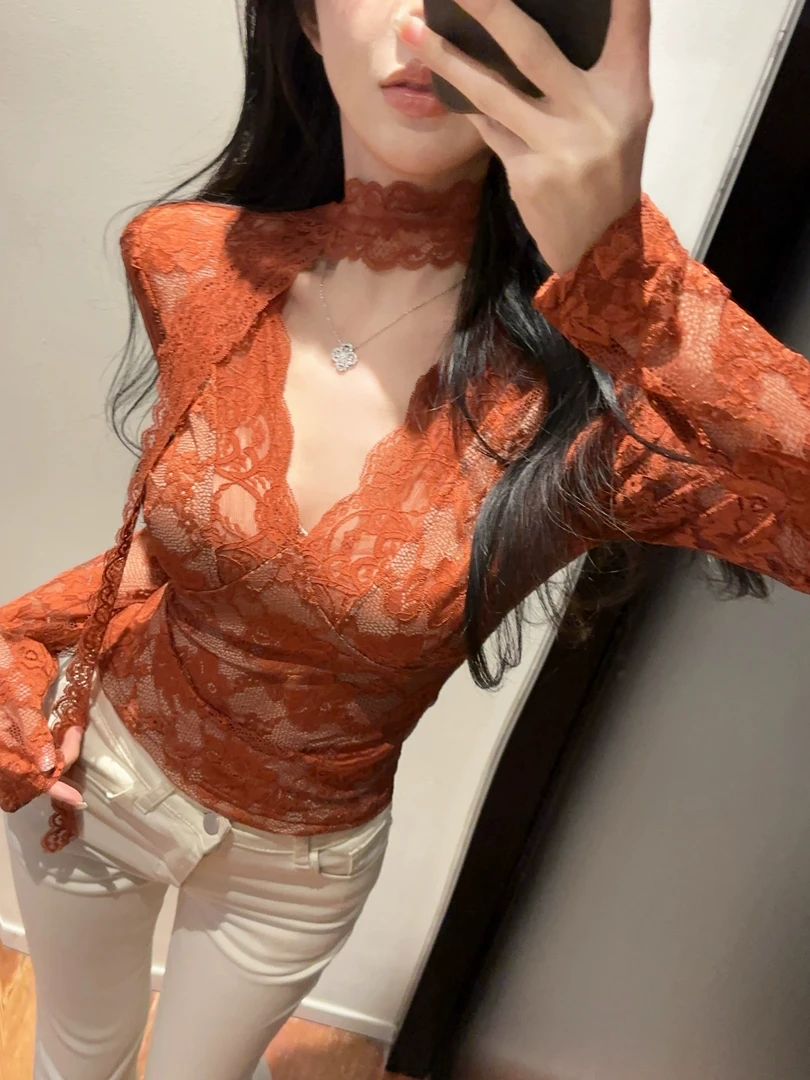 轻熟辣妹性感蕾丝v领设计感T恤收腰显瘦时尚气质别致飘带修身上衣
