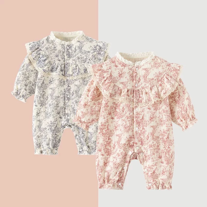 婴儿新生儿春秋纯棉碎花连体衣女宝宝满月百天甜美洋气哈衣+帽子