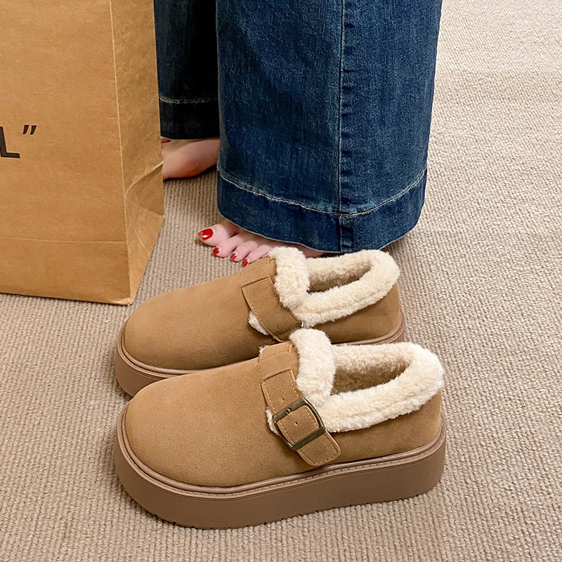 厚底加绒乐福鞋女款保暖雪地靴女2025新款冬季一脚蹬乐福棉鞋34码