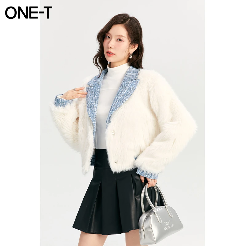 凡兔2024冬季撞色小香风拼接短外套仿皮草毛毛衣3M763