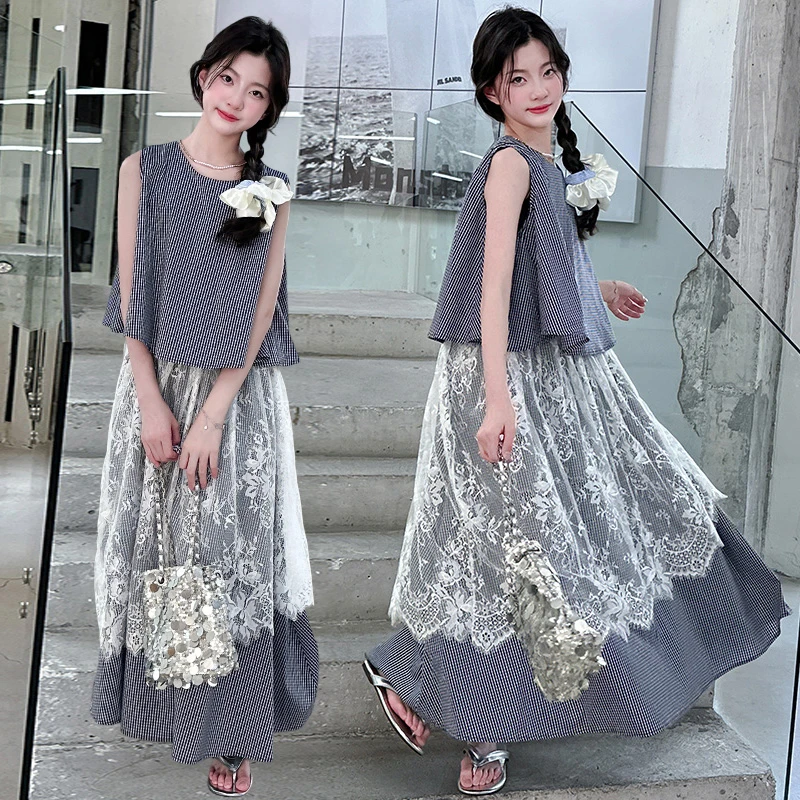 女童甜美休闲蕾丝夏季无袖格子半身裙韩版套装6-12岁15中大童套装