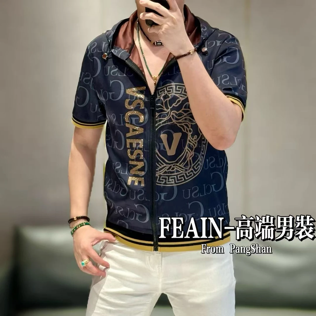 高端定制丝柔贡缎立体裁剪奥钻字母点缀连帽拉链短袖夹克95215