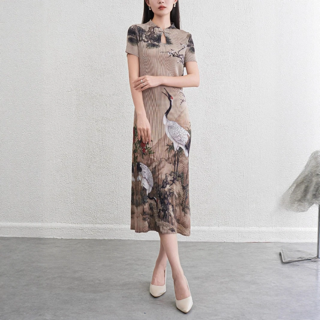 复古国风印花改良旗袍开叉日常包臀褶皱收腰显瘦中长款小众女装