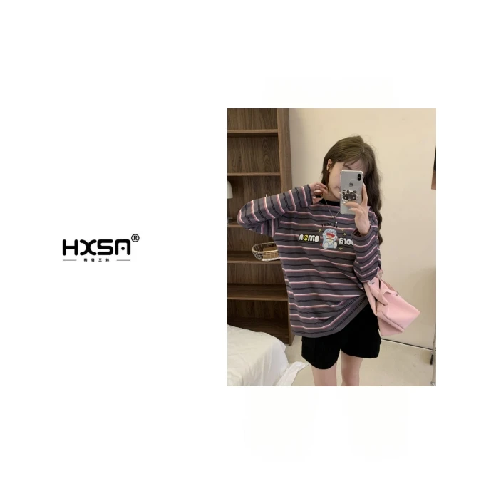 （现）HXSM「叮当猫条纹T」春款减龄百搭长袖打底676