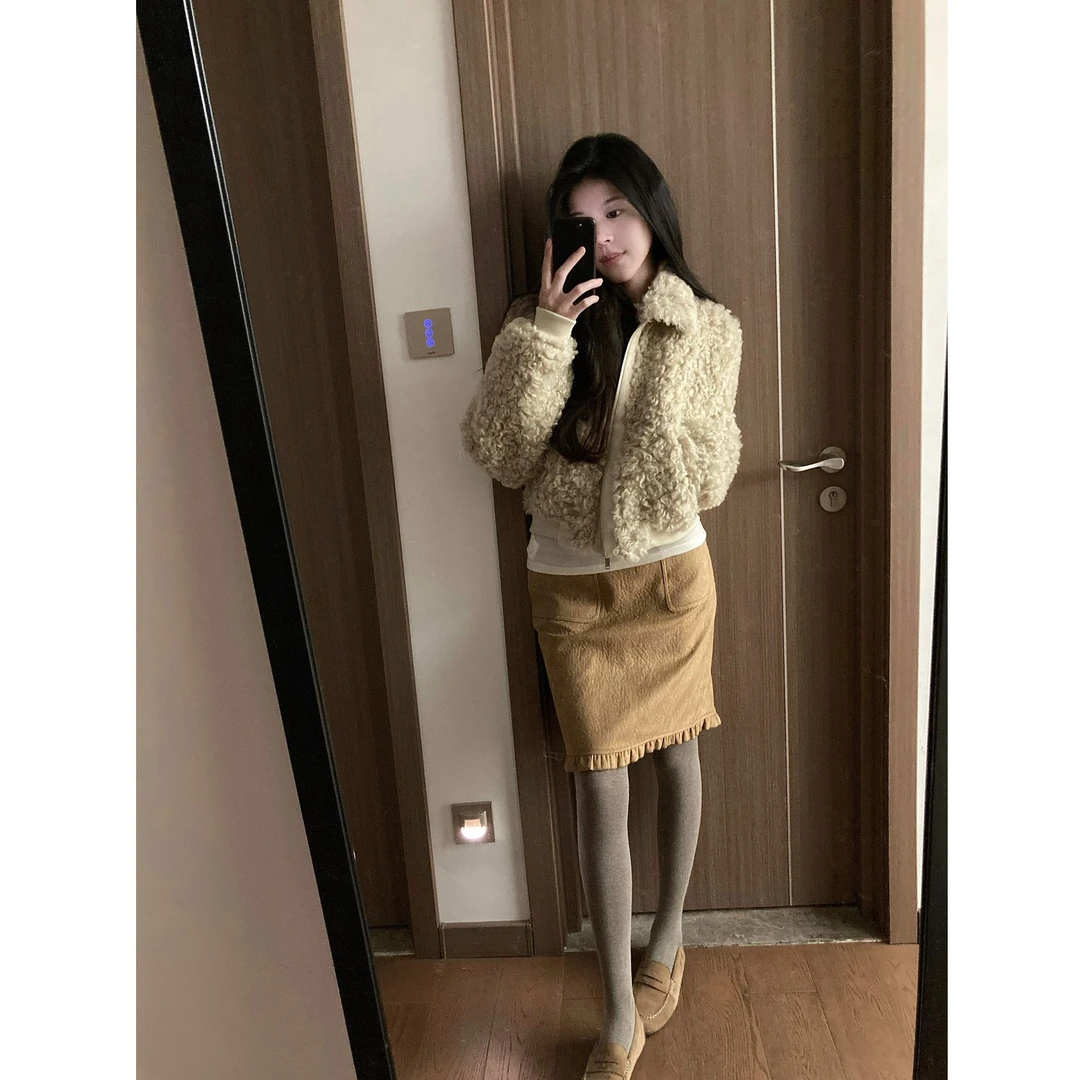 2025秋冬新款时尚高级感开衫女韩系慵懒拉链毛毛外套配显瘦半身裙