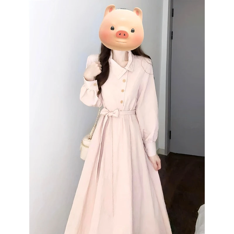韩系早秋穿搭粉色衬衫长袖连衣裙子女2025新款简单大方高级感长裙