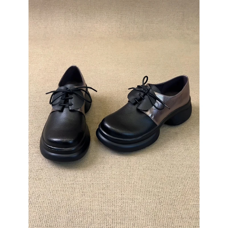 nnmiss/5.5cm复古英伦风圆头系带深口单鞋设计感拼色厚底小皮鞋