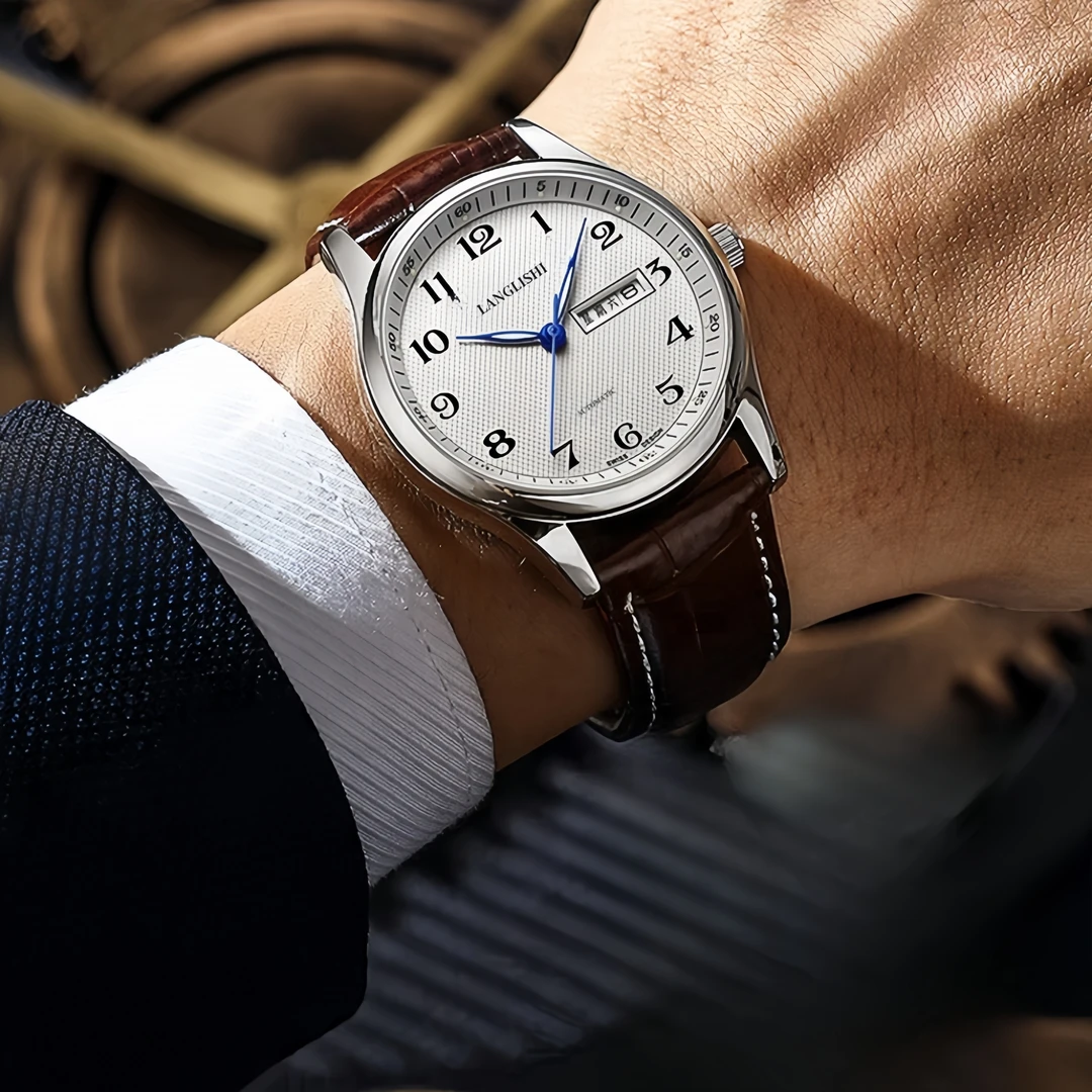 【专柜宠粉】男士经典夜光手表白盘棕皮数字双日历潮商务时尚腕表