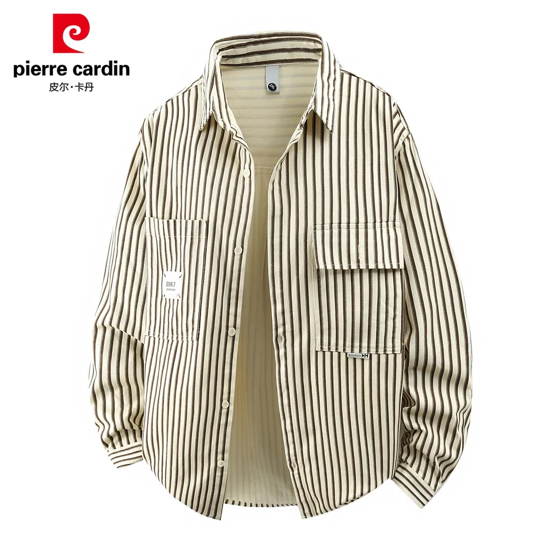 皮尔卡丹男士春秋长袖衬衫2025新款美式条纹纯棉痞帅休闲衬衣男装