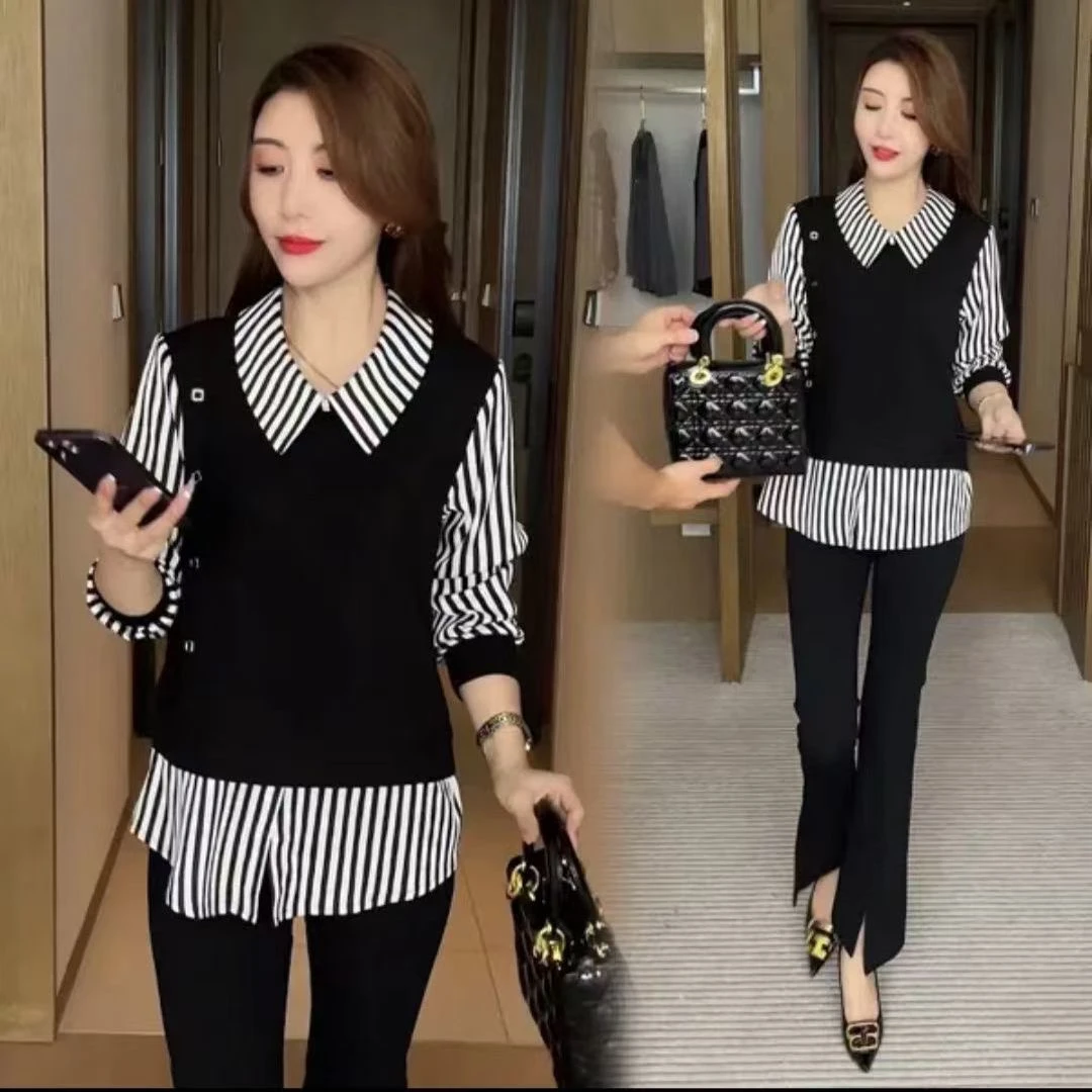 2025春季新款减龄娃娃领假两件韩版衬衣拼接气质上衣