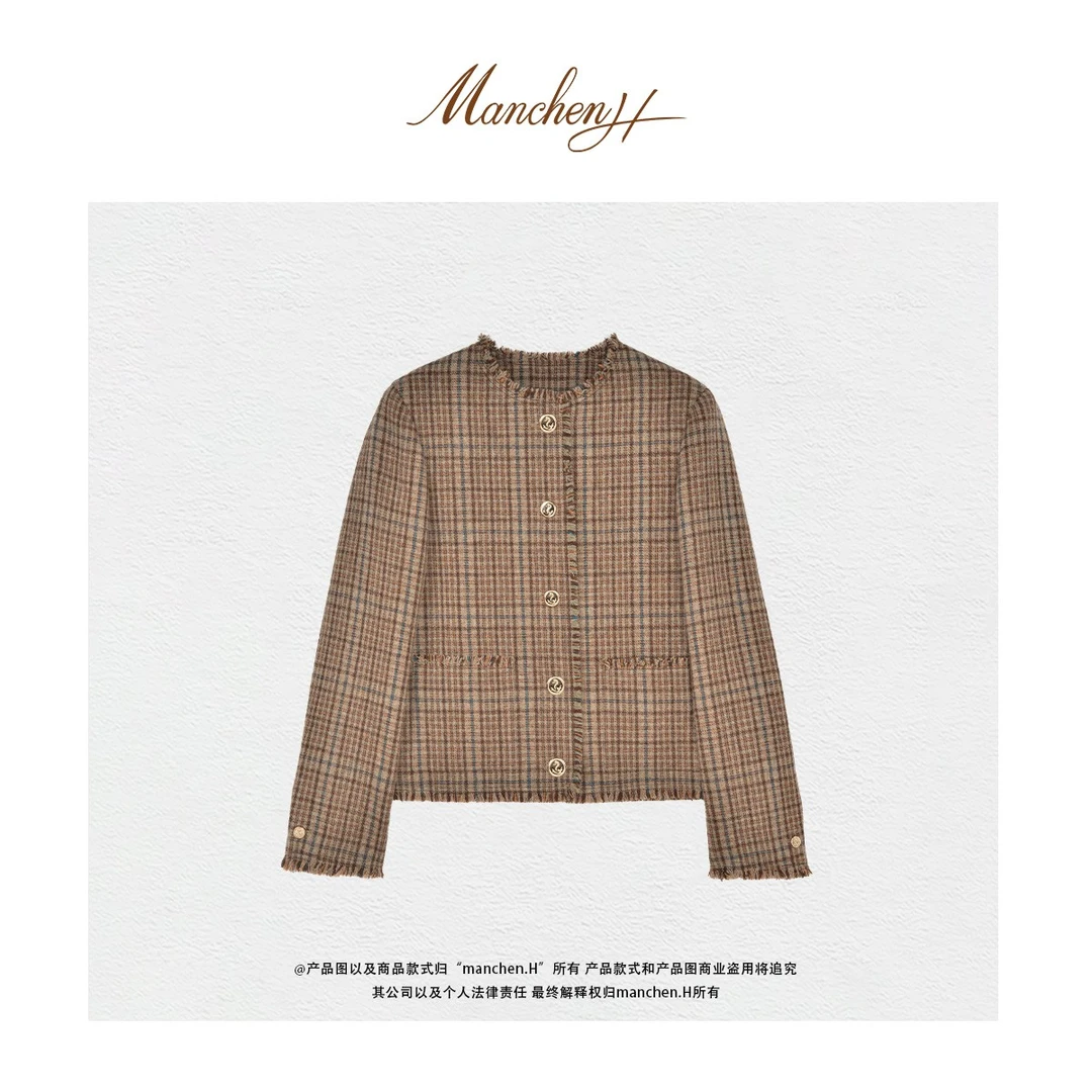 Manchenh"风信私语"Celi*e原面料毛呢色织格子复古小香风外套