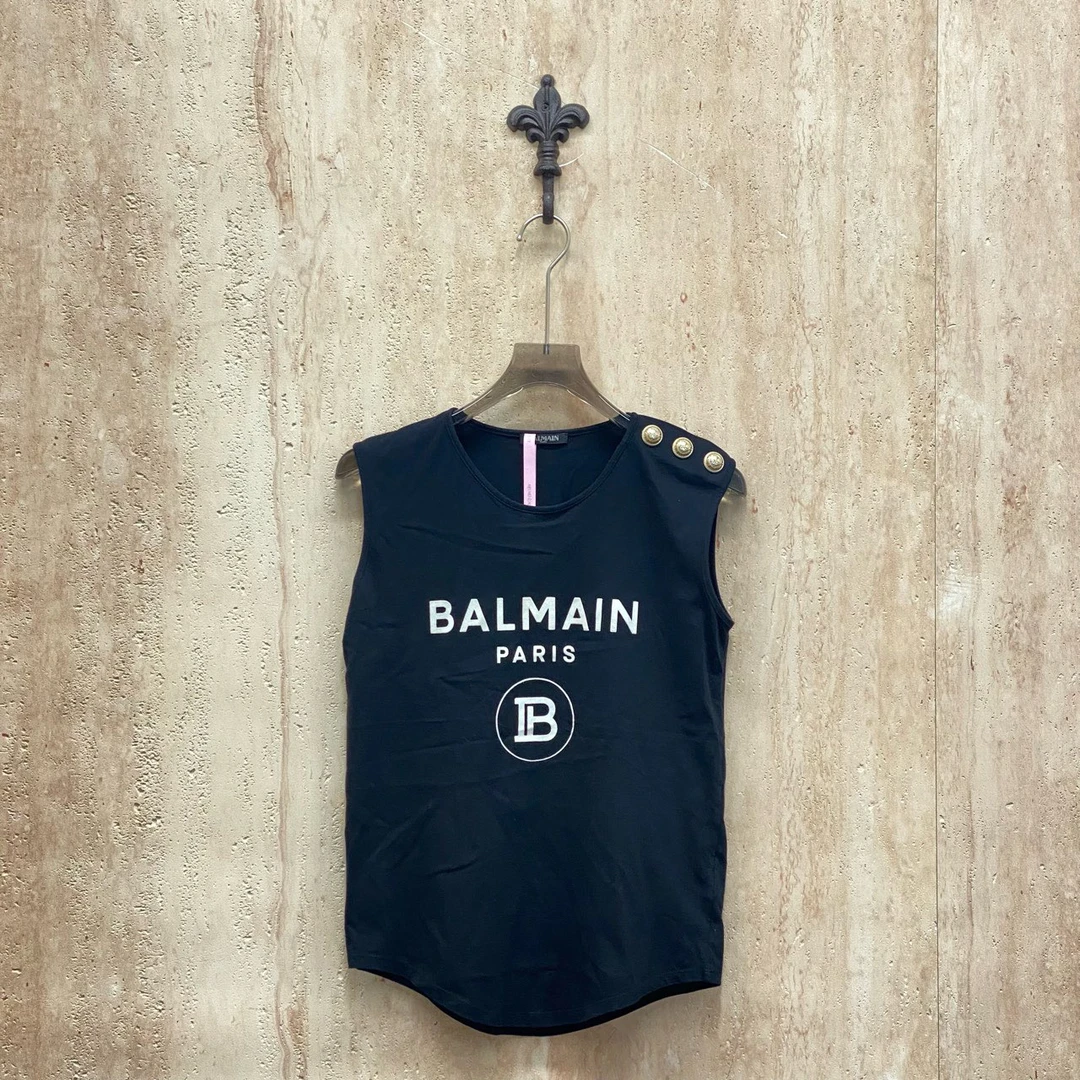 99新 BALMAIN/巴尔曼 黑色金扣植绒字母logo背心/36码/99新/32160