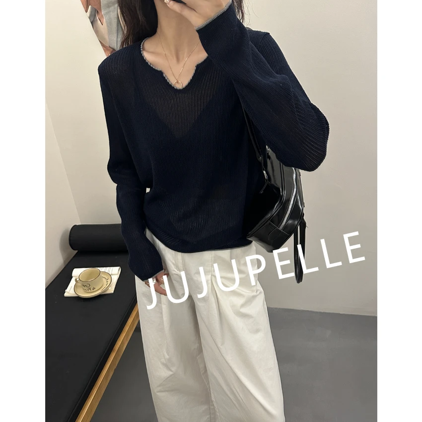 纯色撞色小V领设计感长袖2025早秋新款针织打底衫女装百搭上衣薄