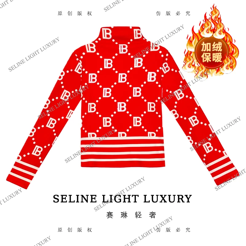 【25Q-867】 七 2025 SELINE 新款红连白格点印花气质高领加绒长袖
