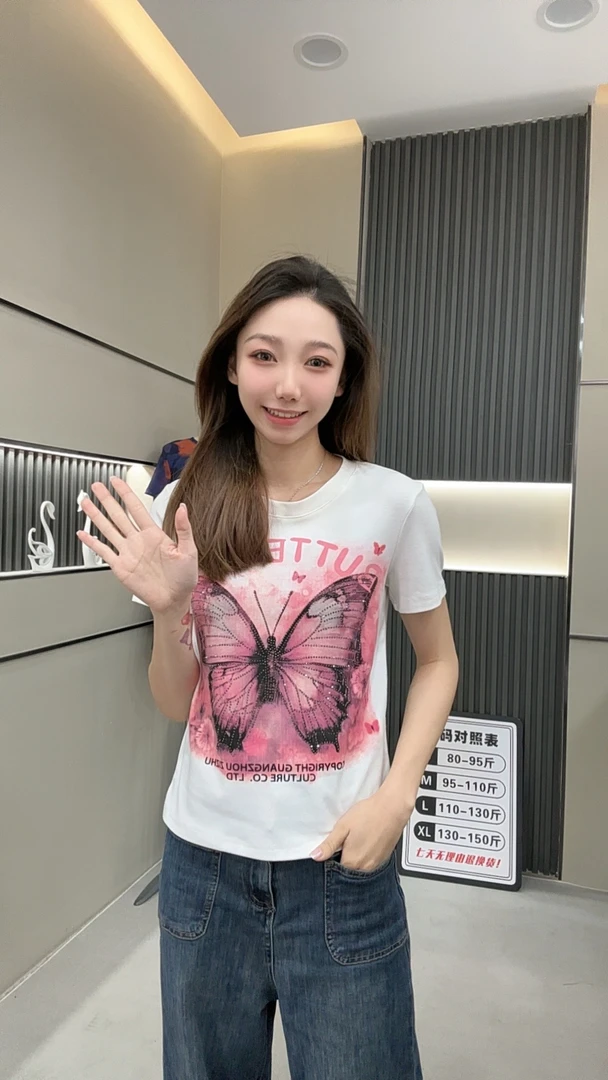 蝴蝶时尚短袖体恤显瘦针织百搭夏季女士修身印花圆领