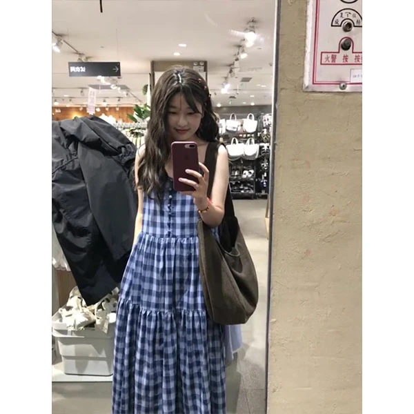 2025夏季甜美复古学院风格子裙连衣裙女吊带裙遮肉显瘦大摆裙长裙