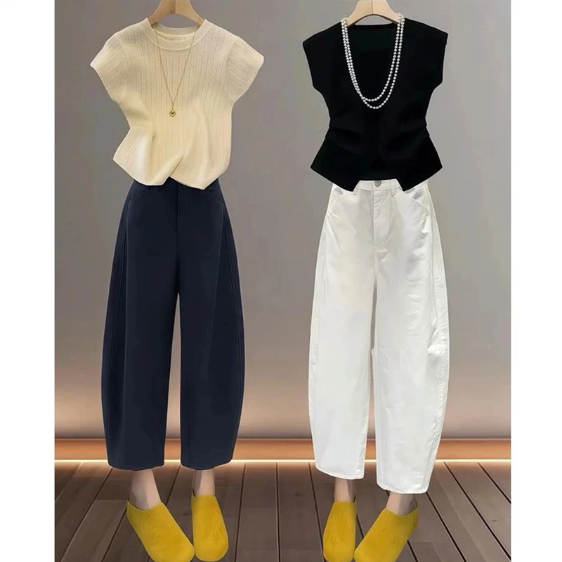 大码气质百搭2025夏季薄款高腰宽松休闲哈伦裤显瘦弯刀阔腿九分裤