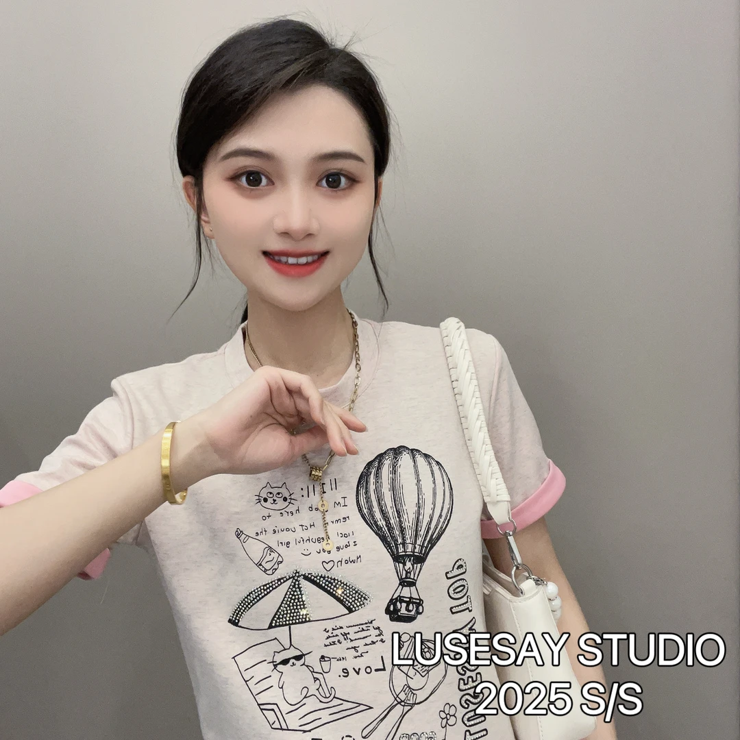 LUSESAY 春夏季烫钻猫咪 2025新款 短袖T恤女百搭休闲时尚