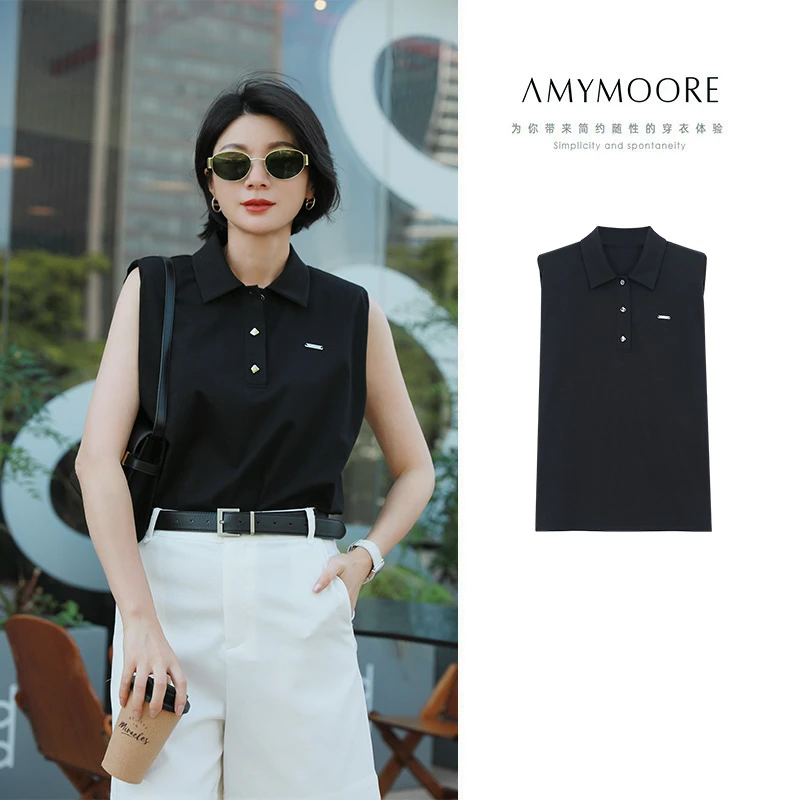 AMYMOORE艾莫尔女装2025年夏季T恤黑色全棉时尚休闲简约331169