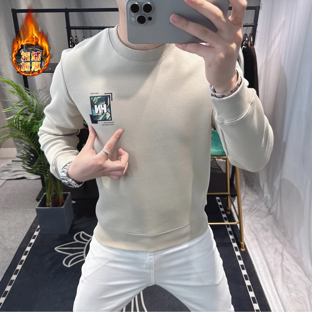 冬季欧洲站男士时尚个性长袖加绒卫衣潮流百搭欧货上衣男帅气休闲