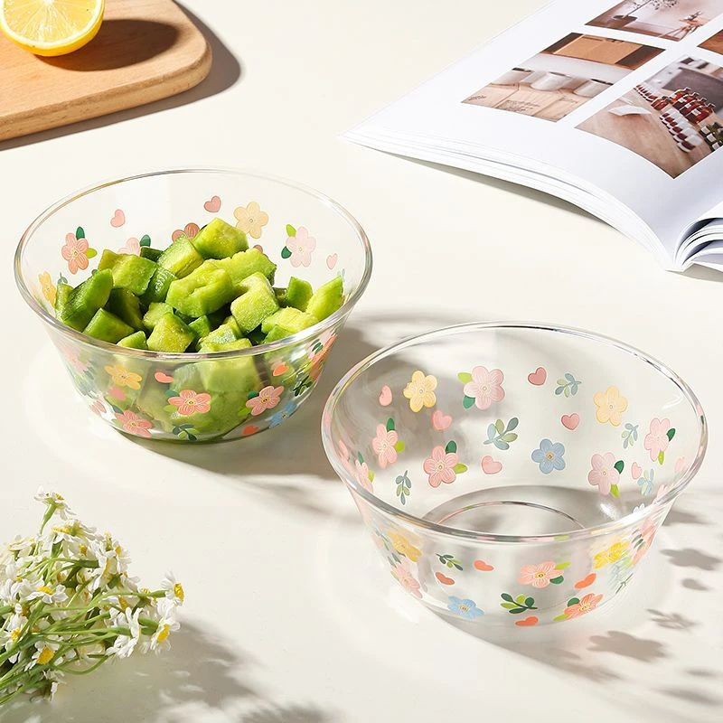 【两只装】小花系小清新风格玻璃大碗家用米饭碗汤碗水果沙拉碗