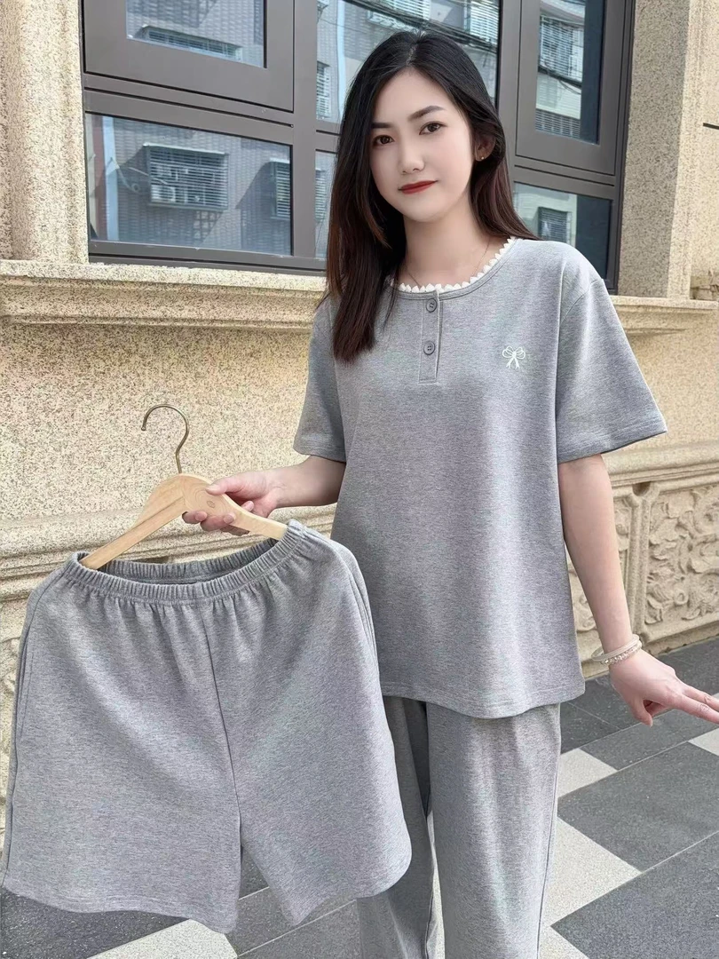 （拍一发三）带胸垫夏季女士灰色纯棉睡衣女套装家居服蝴蝶结可外穿