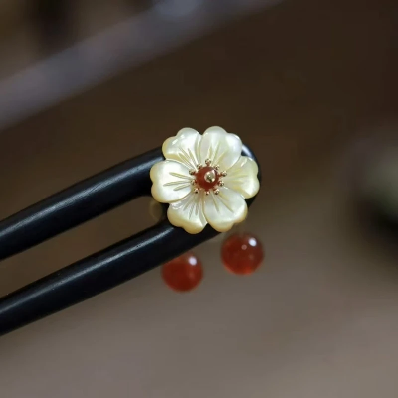 诗泊雅 高级深海黄蝶贝发簪双面新年喜庆日常盘发