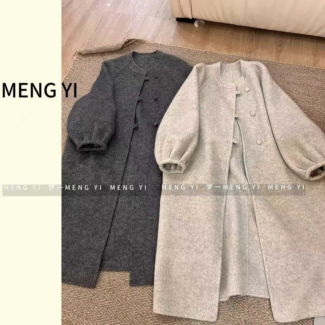 MENG.YI-韩系简约立领包扣新中式羊毛大衣5202