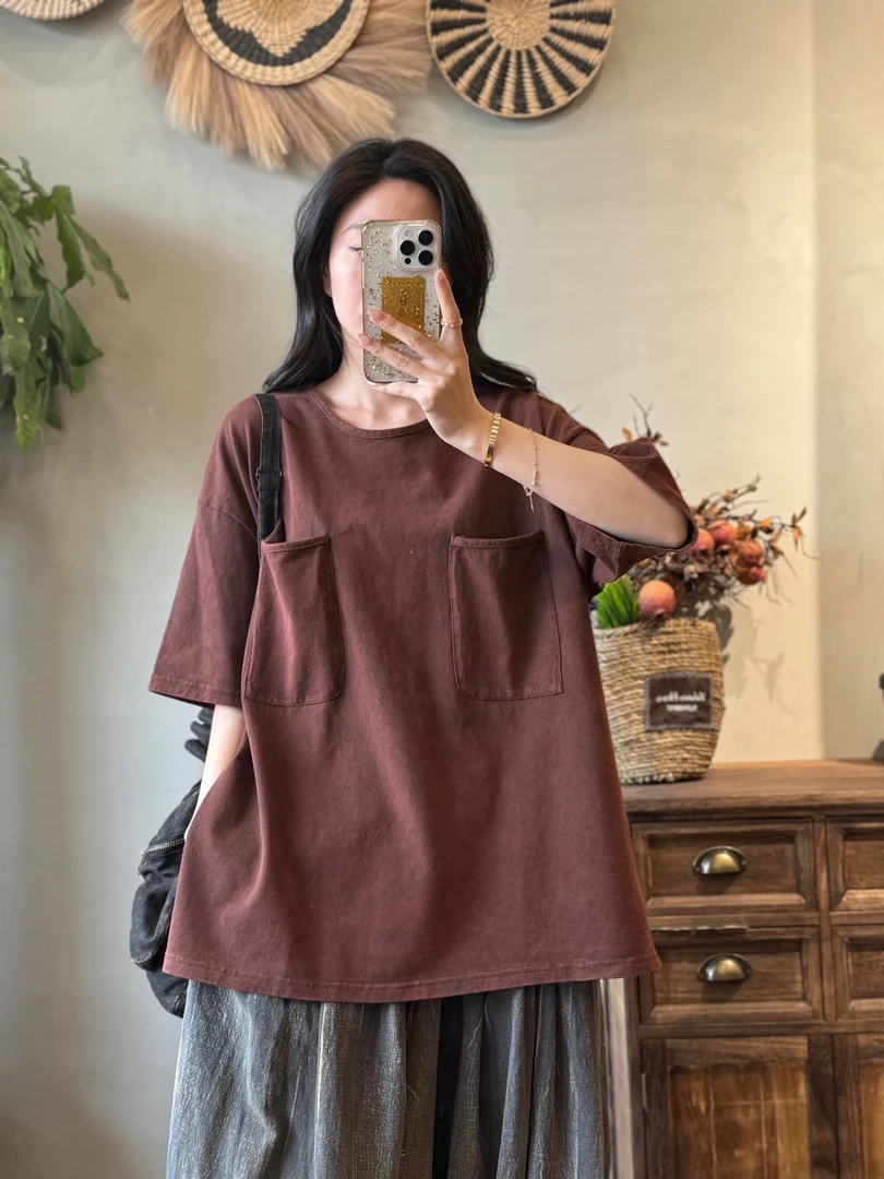 2986纯棉针织双口袋炒色落肩袖圆领短袖T恤