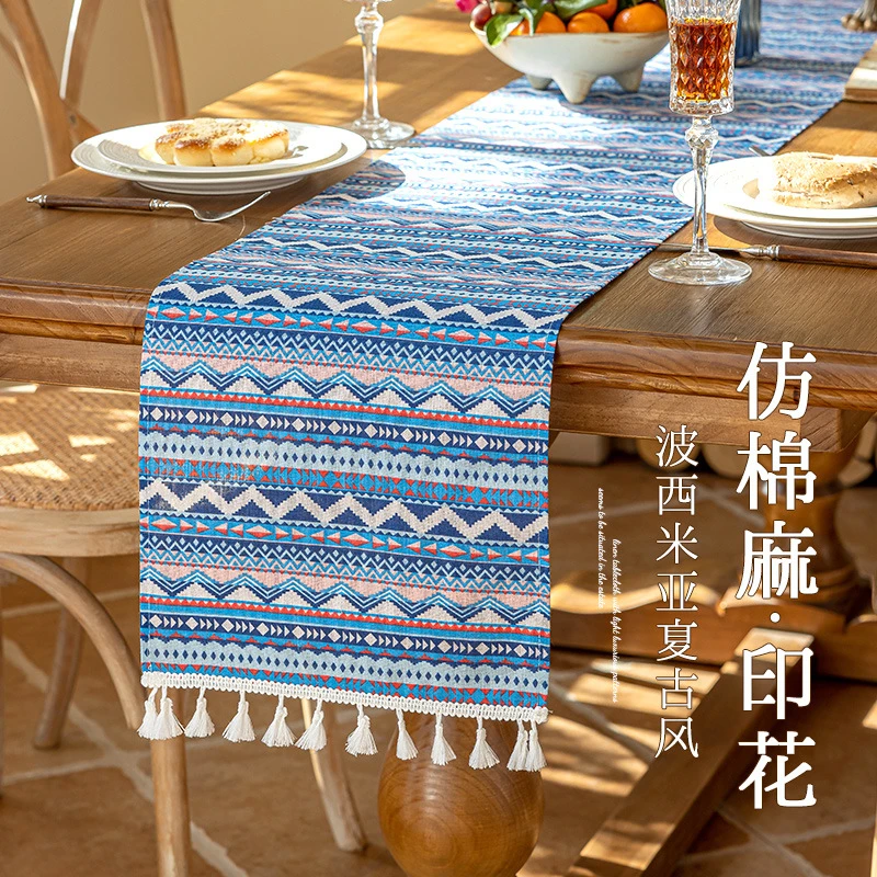 新款民族风餐桌布仿棉麻长条布艺家用台布装饰电视柜盖布茶几防尘